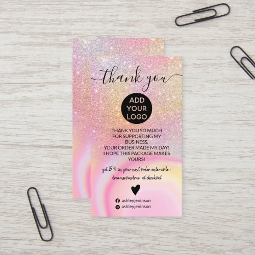 Pink marble glitter ombre rainbow order thank you business card