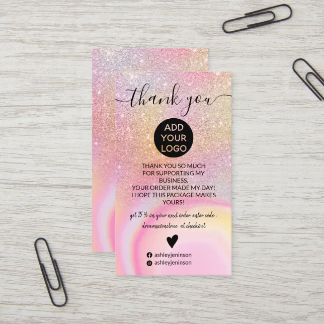 Pink marble glitter ombre rainbow order thank you business card | Zazzle