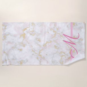 Pink Marble Glitter Personalized Initial Beach Towel