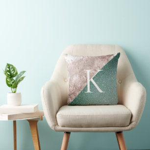 Pink Marble Glittery Green Monogram Throw Pillow