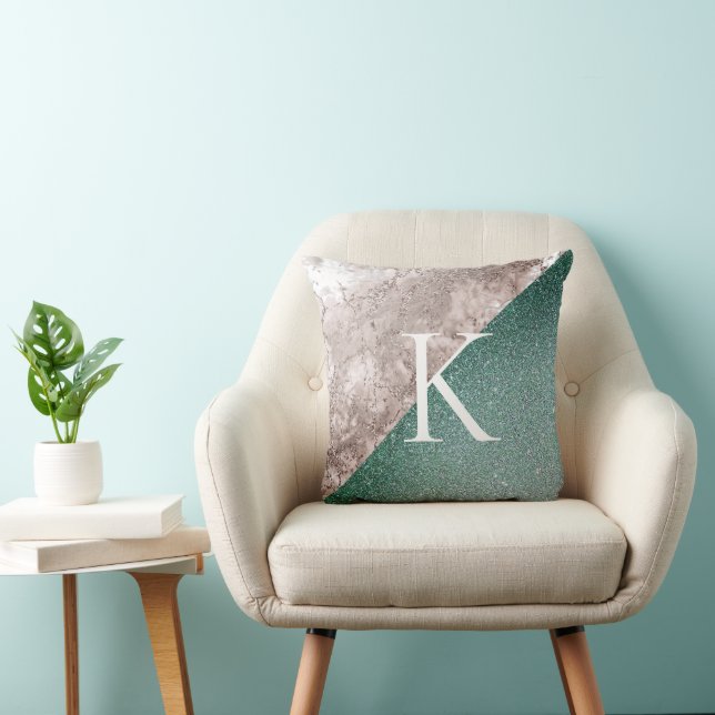 Pink Marble Glittery Green Monogram Throw Pillow (Chair)