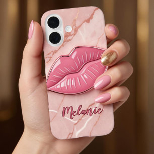 Pink marble glossy lips shaped iPhone 16 case