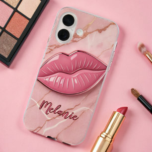 Pink marble glossy lips shaped iPhone 16 case