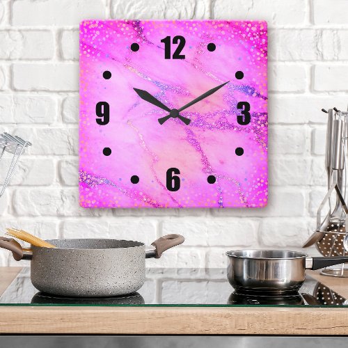 Pink marble gold confetti dots modern bold simple square wall clock