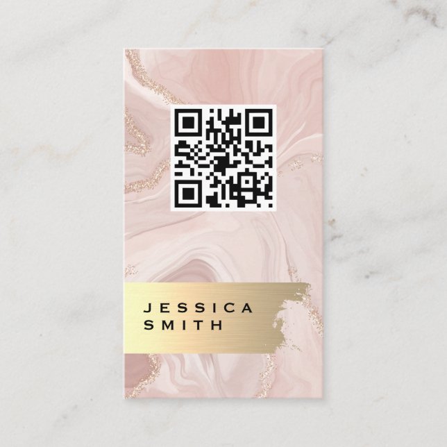 Pink Marble Gold Flakes | QR Code Business Card (Front)