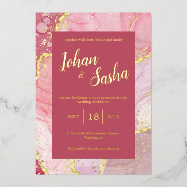 pink marble gold foil invitation (Front)