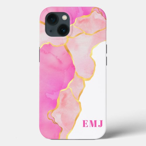 Pink Marble Gold Foil Monogram Name Girly Modern iPhone 13 Case