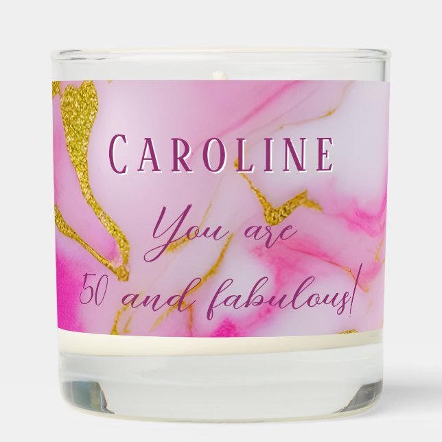Pink marble gold glitter 50 fabulous name scented candle (Right)