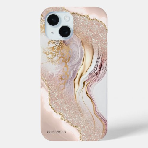 Pink Marble Gold Glitter iPhone 15 Case