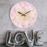 Pink marble gold glitter dust large clock<br><div class="desc">Pink marble print decorated with faux gold glitter dust.  Golden numbers.</div>