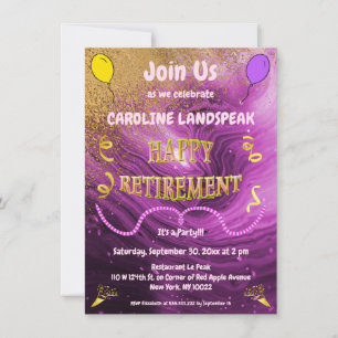 Pink Marble & Gold Streamers Happy Retirement  Invitation