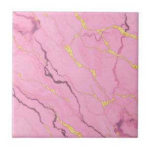 Pink Marble Gold Veins Pattern Ceramic Tile