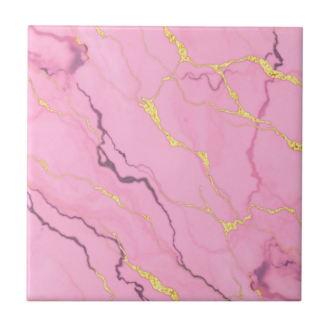 Pink Marble Gold Veins Pattern Ceramic Tile (Front)