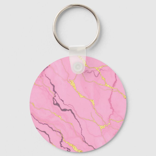 Pink Marble Gold Veins Pattern Keychain (Front)