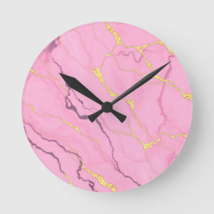 Pink Marble Gold Veins Pattern Round Clock