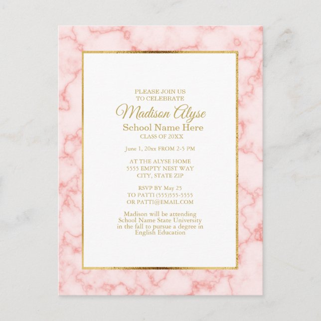 Pink Marble Gold White Graduation Party Invite (Front)