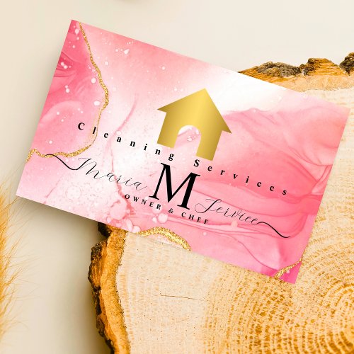 PINK marble golden house design cleaning service Business Card