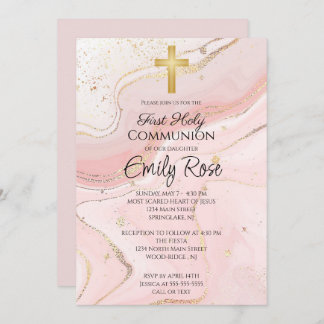 Pink Marble Holy Communion Invitation