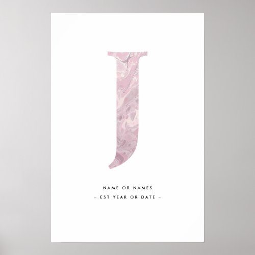 Pink Marble Letter J Initial wPersonalization Art Poster