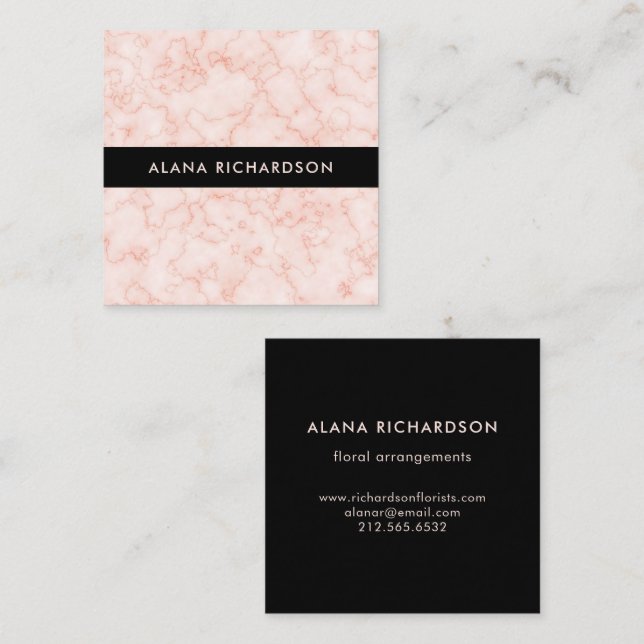 Pink Marble Look with Black Square Business Card (Front/Back)