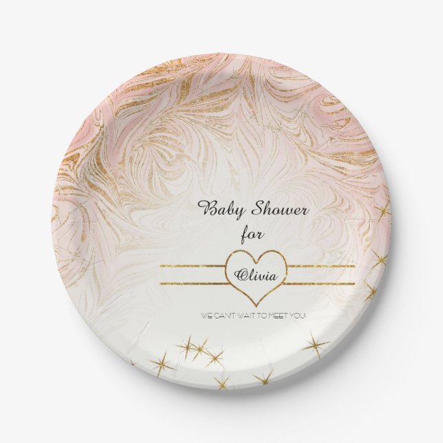 Pink Marble Marbling Girl Baby Shower Rose Gold Paper Plates (Front)
