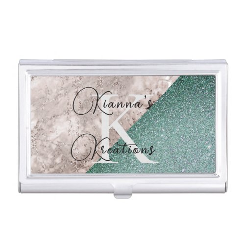 Pink Marble Minty Green Monogram             Business Card Case
