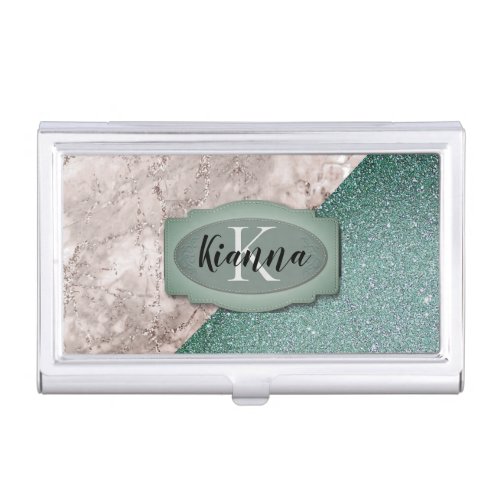 Pink Marble Minty Green Monogram              Business Card Case