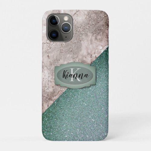 Pink Marble Minty Green Monogram            iPhone 11 Pro Case