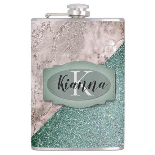 Pink Marble Minty Green Monogram      Flask