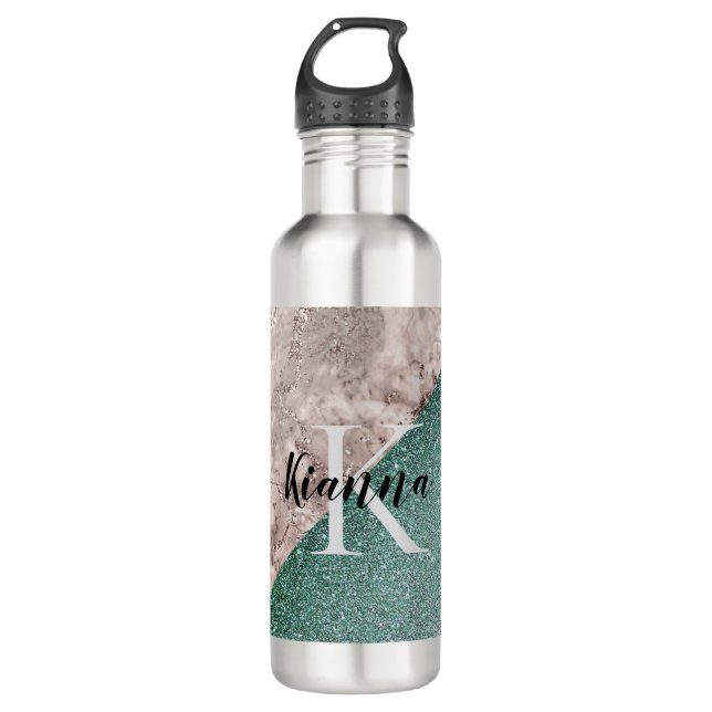 Pink Marble Minty Green Monogram Glitter Stainless Steel Water Bottle (Front)