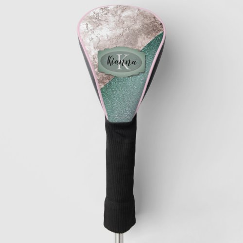 Pink Marble Minty Green Monogram  Glittery Golf Head Cover