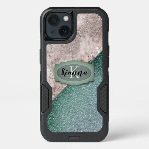 Pink Marble Minty Green Monogram     iPhone 13 Case