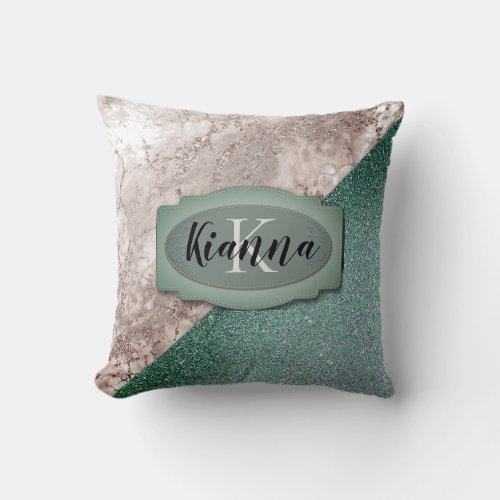 Pink Marble Minty Green Monogram Throw Pillow