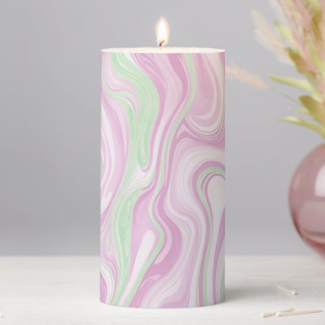 Pink Marble Modern Abstract Swirling pattern Pillar Candle (In Situ)