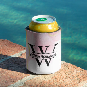 Pink Marble Monogram   Girly Modern Gold Glitter Can Cooler