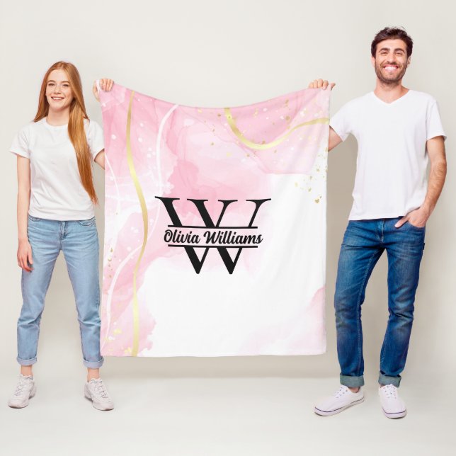Pink Marble Monogram | Girly Modern Gold Glitter Fleece Blanket (In Situ)