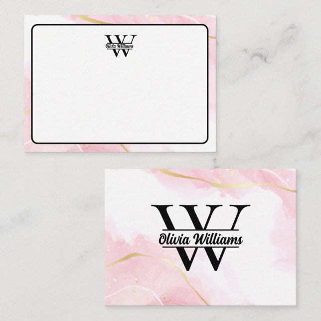 Pink Marble Monogram | Girly Modern Gold Glitter  Note Card (Front/Back)