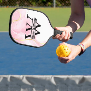 Pink Marble Monogram   Girly Modern Gold Glitter Pickleball Paddle