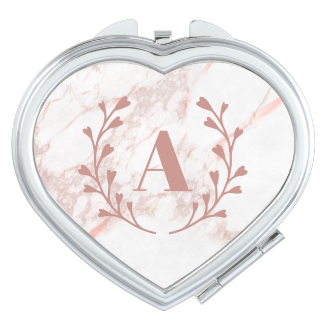 Pink Marble Monogram Initial & Name Custom Heart Compact Mirror (Front)