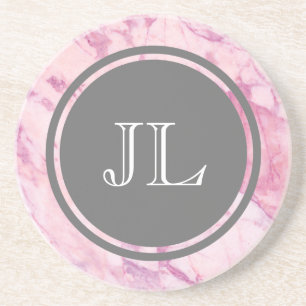 Pink Marble Monogram With Gray Circle Motif Drink Coaster