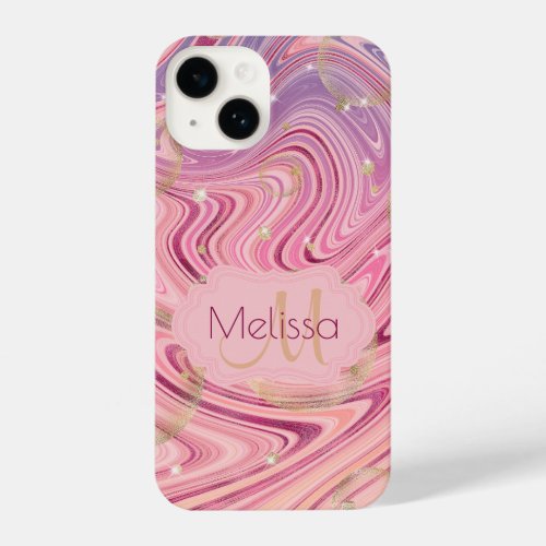 Pink Marble Name and Monogram Glitter Sparkles iPhone 14 Case