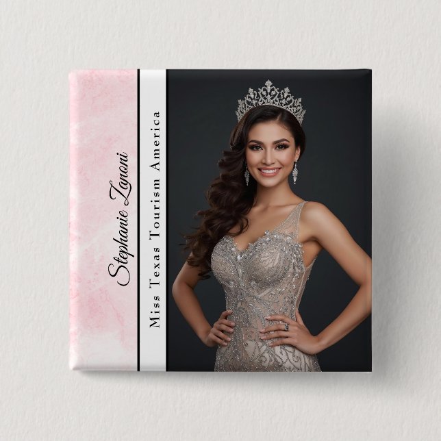 Pink Marble Pageant Sash Photo Button Pin (Front)