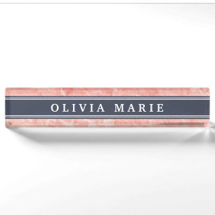 Pink Marble Pattern Navy Blue Accent Desk Name Plate