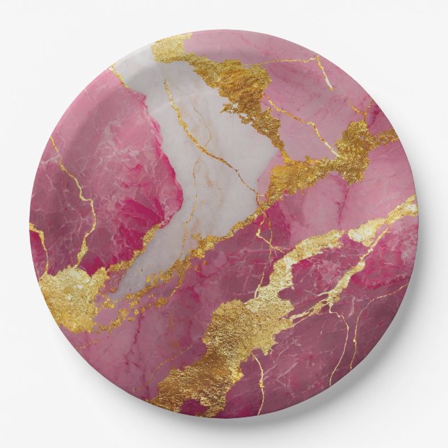 Pink Marble Pattern with Gold Paper Plates (Front)