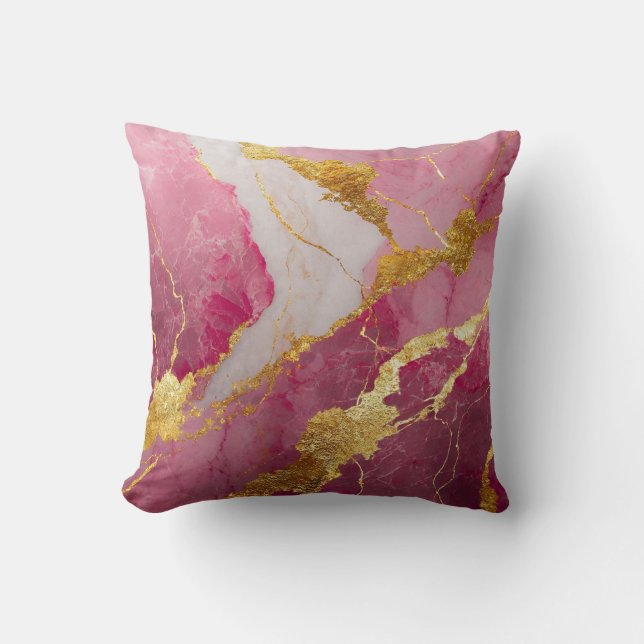 Pink Marble Pattern with Gold Throw Pillow (Front)