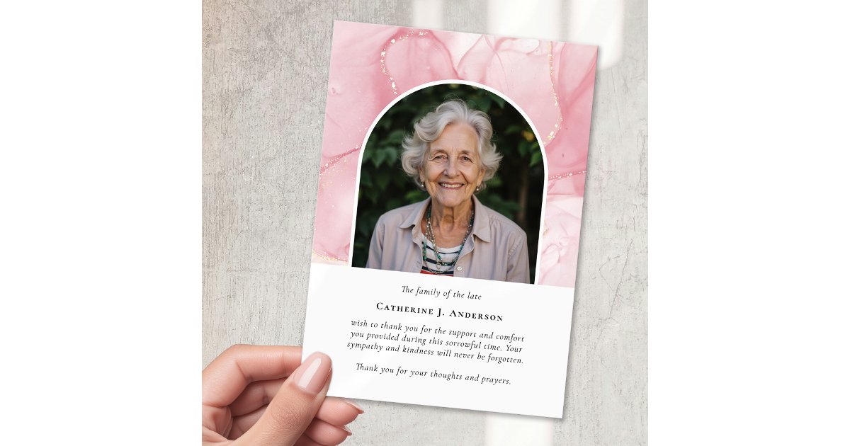 Pink Marble Photo Sympathy Funeral Memorial Thank You Card | Zazzle