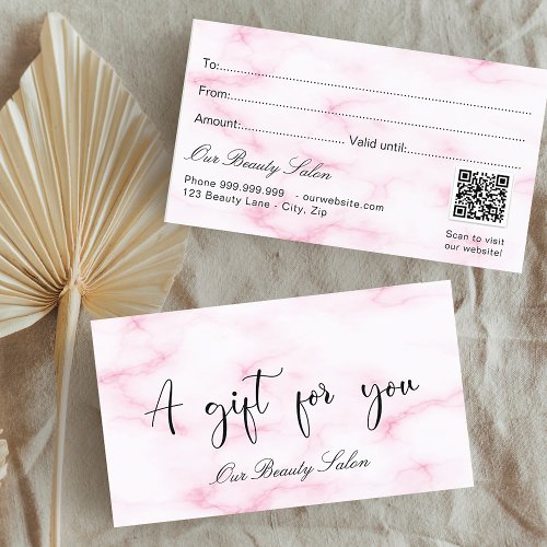 Pink marble QR code business gift certificate