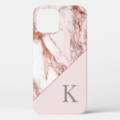 Pink Marble Rose Gold Monogram Name iPhone 12 Case