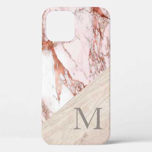 Pink Marble Rose Gold Wood Monogram Name  iPhone 12 Case