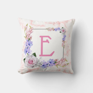 Pink Marble Rose Monogram Throw Pillow